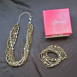 Premier Designs Gold and Silver Beaded Necklace and Bracelet Set